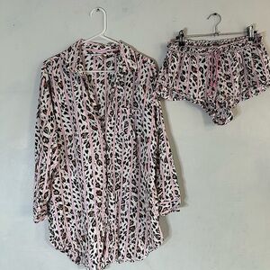 Victoria Secret Pink Heart Leopard Print Pajama Set Tunic Top And Shorts
